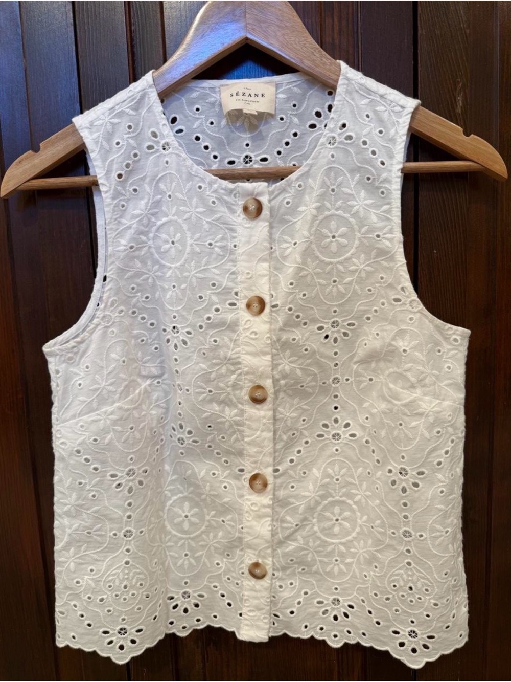 Sezane White Eyelet Button-Front Sleeveless Blouse